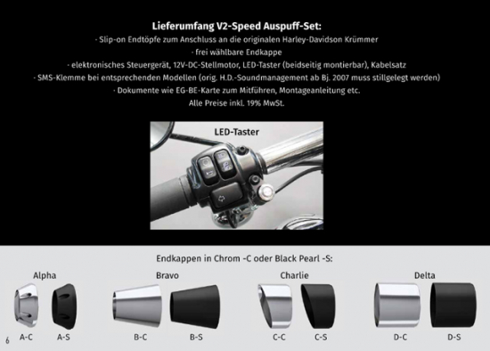 PENZL V2-Speed Auspuffset elektron. verstellb. / black ceramic - Endkappe Charlie chrom / Harley Davidson Softail / ab 2018 /ABE