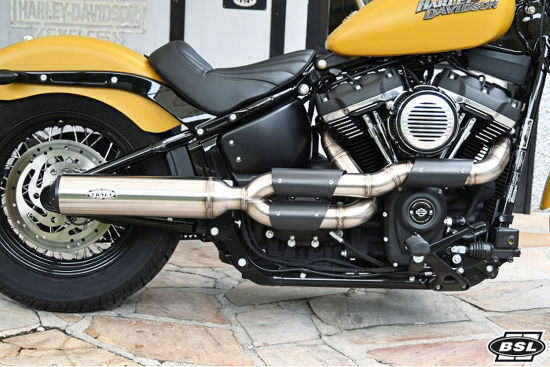 BSL 2-1 Clubman Short Auspuff / Headpipes 70mm + BSL Bomb VA Outline / Softail / Euro 4 / TÜV