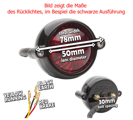 LED Vintage - Rücklicht - Bullet Style 1 / Schwarz / mit Halter / E-Zeichen