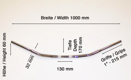 HH Lenker Fat Flyer / 32 mm / 1000 mm / 1" / chrom / HD + jap.Chopp. / Tüv