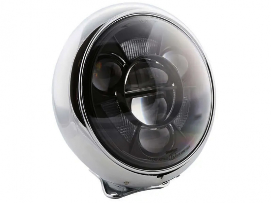 Preview: HS - 7 Zoll - LED - Scheinwerfer / chrom / HD - Style Typ 11 - mit TFL / Befestigung unten / E-Zeichen