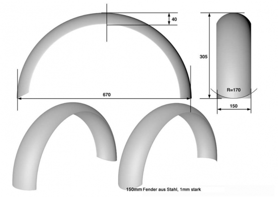HA Stahlblech HECKFENDER / Universal / 1 mm / 150 mm b / für Eigenumbau