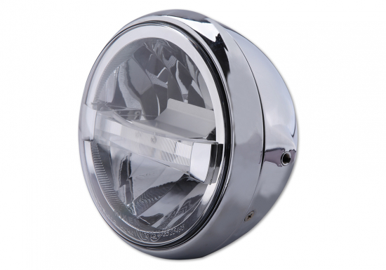 HS - 7 Zoll - LED-Scheinwerfer / chrom / British Style Typ 4 / Befestigung seitl. / mit TFL / E-Zeich.