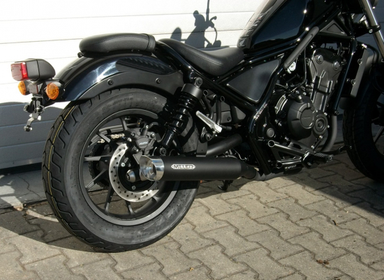 S-Black Sale: MILLER 2-1 - SlipOn Custom III black + Endkap. SlashCut silber - Honda CMX 500 Rebel / EURO 5 + / EG-BE