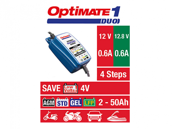 OPTIMATE 1 DUO (TM402-D), 12V/12,8V, 0,6A / 4-stufiges Ladegerät - für 2-20Ah Std/AGM/GEL/LFP
