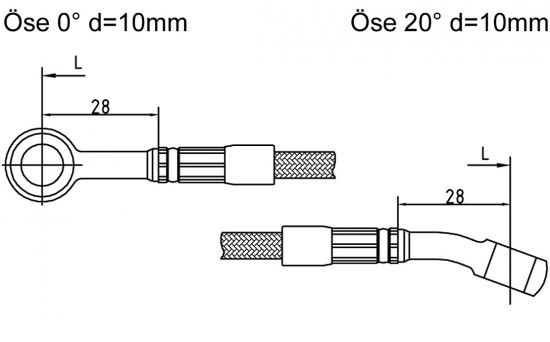 Bremsleitg. oder Kupplungslg. / Stahlflex / Öse 0° und Öse 20° / Längen nach Wahl / mit Tüv