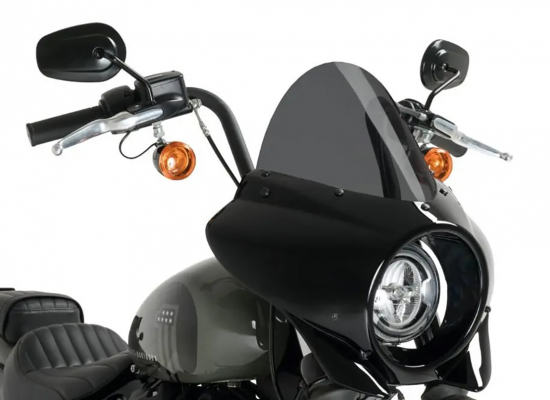 Preview: Neu: Mirage Frontverkleidung schwarz + Scheibe 16cm - dark + Halter / Harley Davidson - Street Bob & FXST / ab 2018 / Tüv-Gutachten