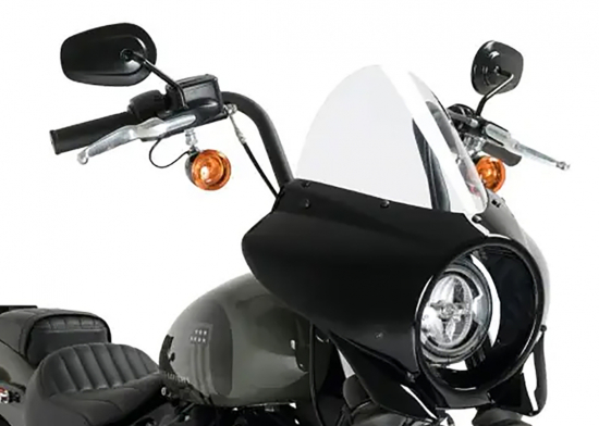 Preview: Neu: Mirage Frontverkleidung schwarz + Scheibe 16 cm - klar + Halter / Harley Davidson - Street Bob & FXST / ab 2018 / Tüv-Gutachten
