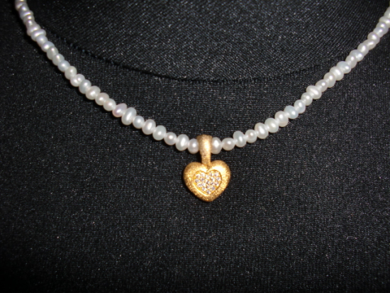Perlenkette Collier / Goldschmiede Schmuck Bernd Wolf / Kette Herz Zirkonia