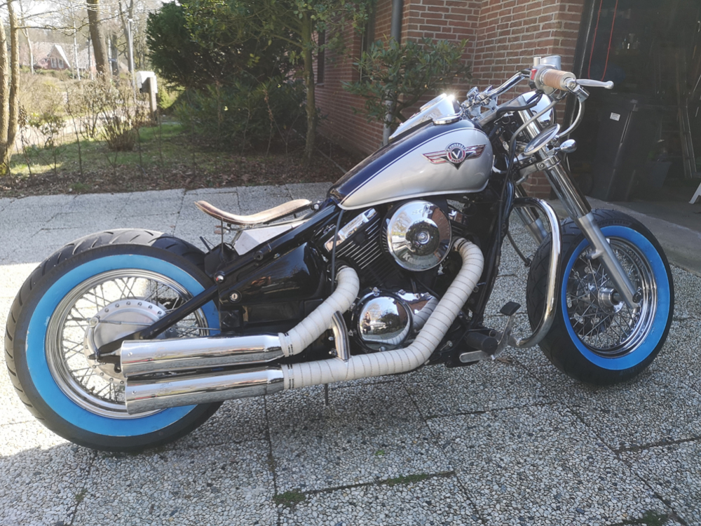 Sound Sale: Falcon Double Groove Komplettanlg. / ohne KAT / poliert / Kawasaki VN 800 Bobber-Umbau / EG-BE