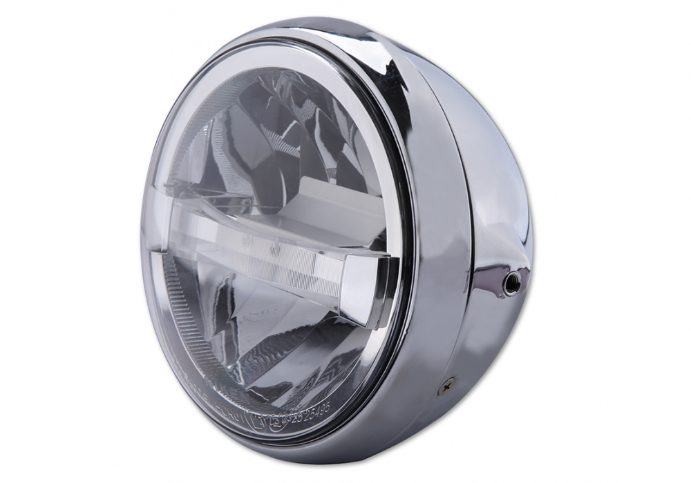 HS - 7 Zoll - LED-Scheinwerfer / chrom / British Style Typ 4 / Befestigung seitl. / mit TFL / E-Zeich.