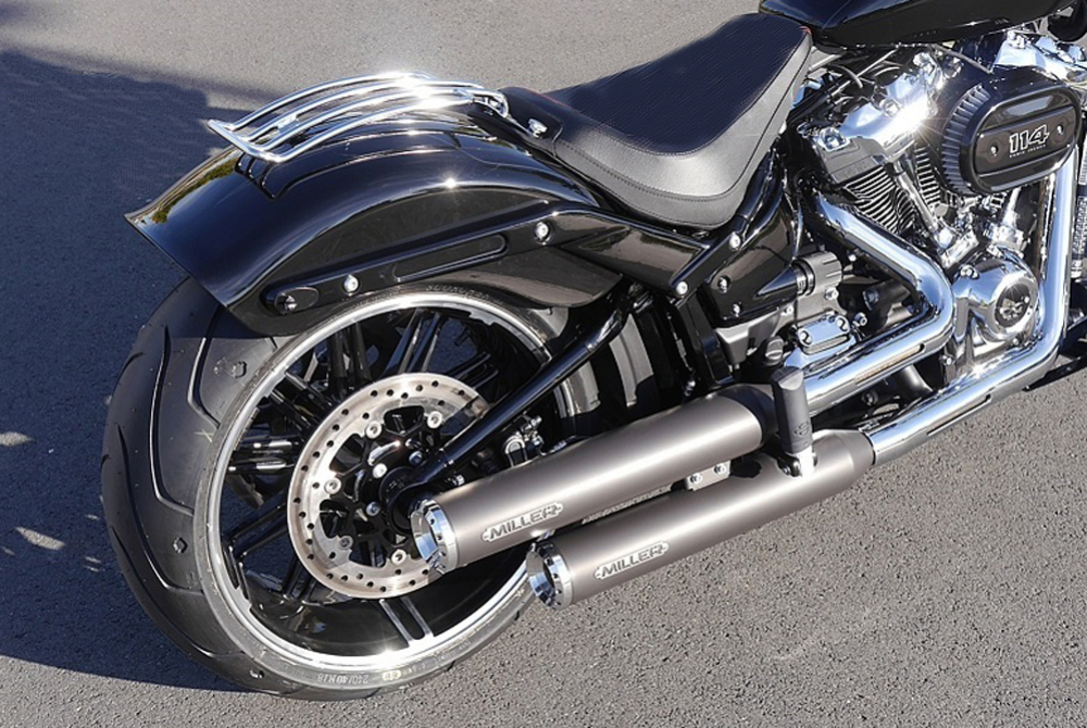 Black Sale: MILLER - 2-2 SlipOn Auspuff - Hunter / schwarz / Harley Softail / EG-BE