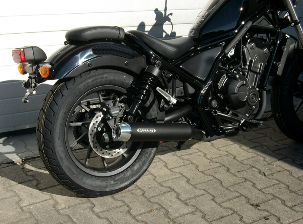 T-Black Sale: MILLER 2-1 - SlipOn Custom II black + Endkap. Tapered silber - Honda CMX 500 Rebel / EURO 5 / EG-BE