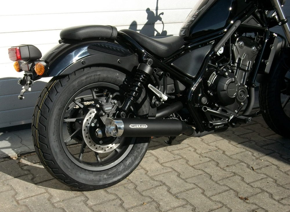 S-Black Sale: MILLER 2-1 - SlipOn Custom III black + Endkap. SlashCut silber - Honda CMX 500 Rebel / EURO 5 + / EG-BE