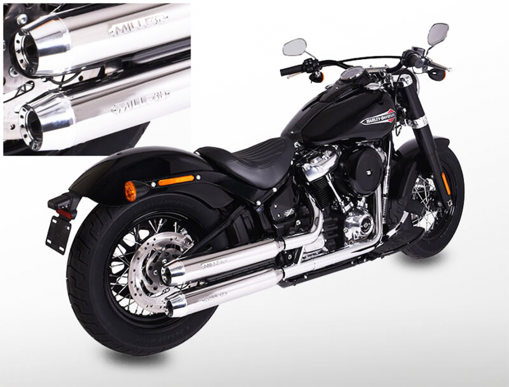 SALE: MILLER - Destiny - silber - 2-2 - SlipOn - Euro 5 / HD Softail - Standard / ab 107 CUI / EG-BE