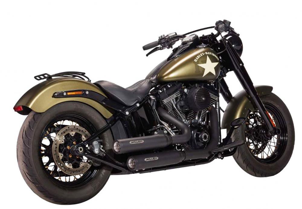 Miller - Offset Hellcat - Komplett - Auspuffanlage - Edelstahl silber / Softail Modelle - 2000 - 2007 / EG-BE