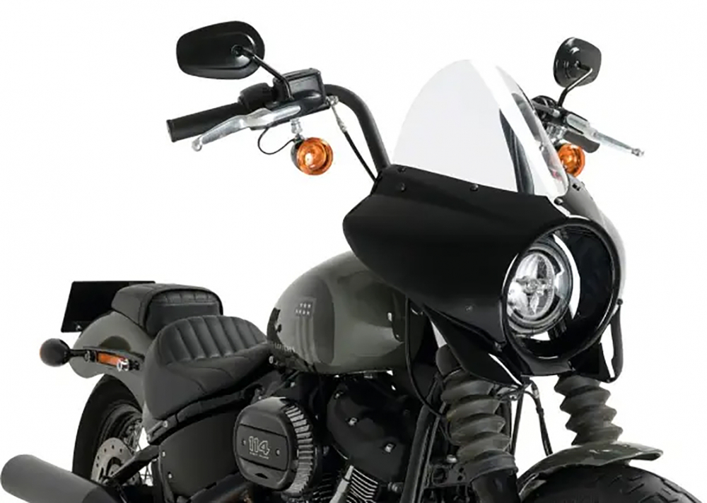 Neu: Mirage Frontverkleidung schwarz + Scheibe 16 cm - klar + Halter / Harley Davidson - Street Bob & FXST / ab 2018 / Tüv-Gutachten