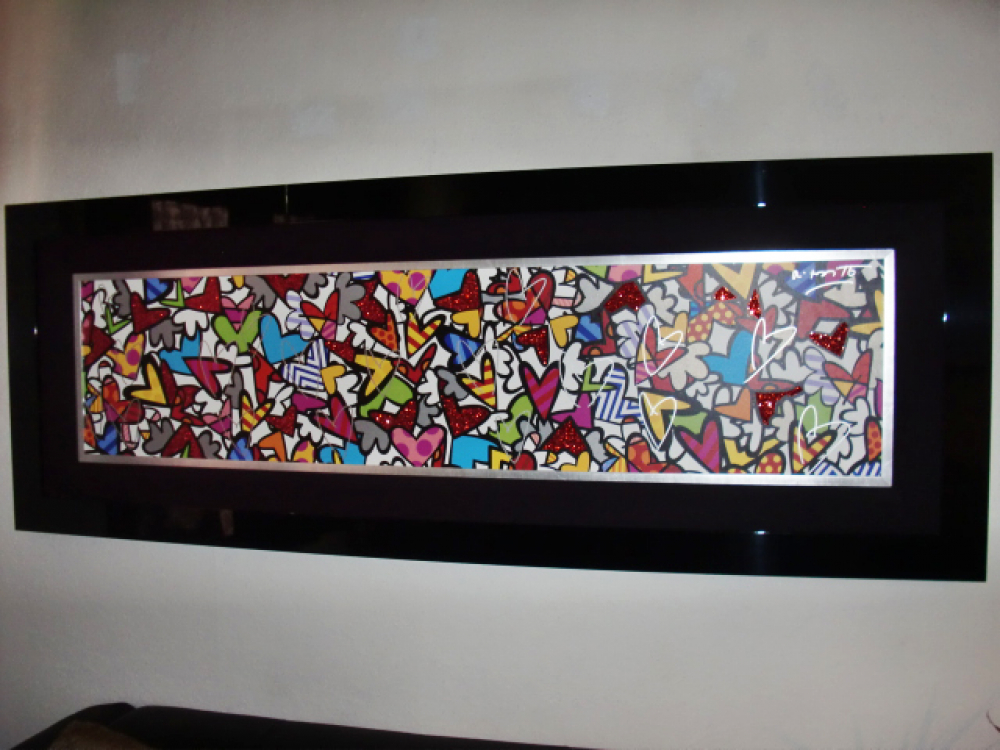 Romero Britto - ALIVE - Herzen - Großformat - Glitzer - Kunstwerk / Giglee + Unikat / inkl. Rahmung / limitiert / 200 x 76 x 6 cm