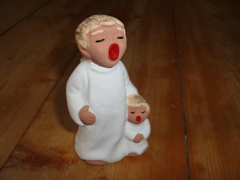 ROT CERAMIC Handarbeit Weihnachtsengel / Schutzengel mit Engelkind / 8 cm