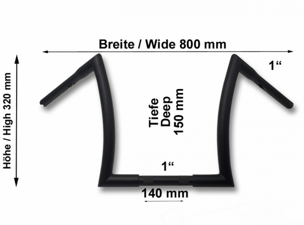 HH Lenker Bad Ape / 3 Loch-Bohrung / 32 mm / 1" - 25,4mm / 800/355 mm - 14" / BR - gepulvert - schwarz - nach Wahl/ Tüv