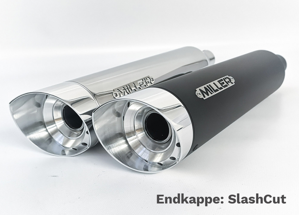 Miller - Offset Hellcat - Komplett - Auspuffanlage - Edelstahl silber / Softail Modelle - 2000 - 2007 / EG-BE